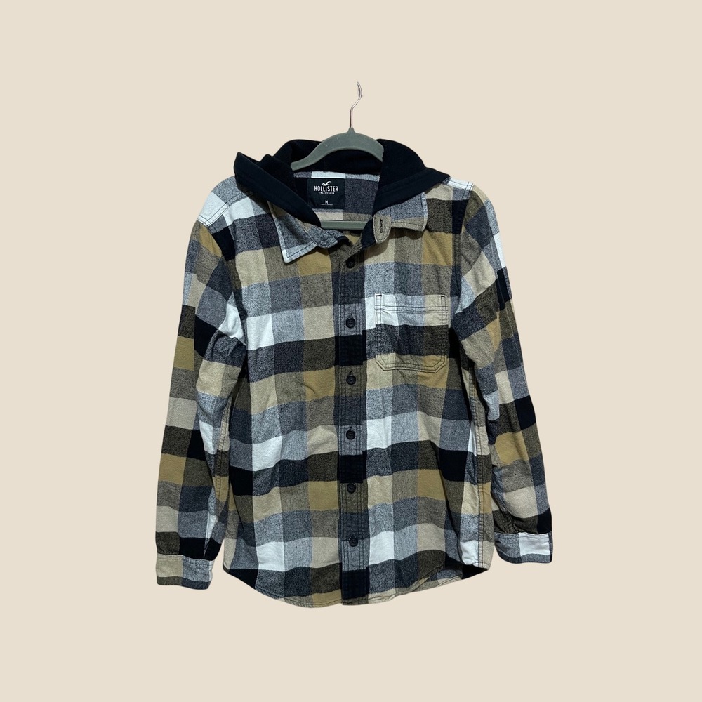Hollister Mens Plaid Hooded Flannel Shirt Tan Black Gorpcore Grunge Skater M